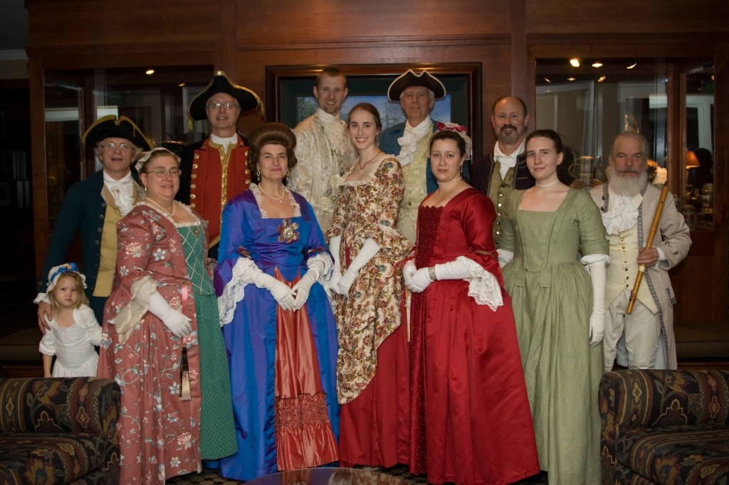Members of the Williamsburg Heritage Dance Ensemble pose after a performance.  This group demonstrates colonial and historic English country dancing.